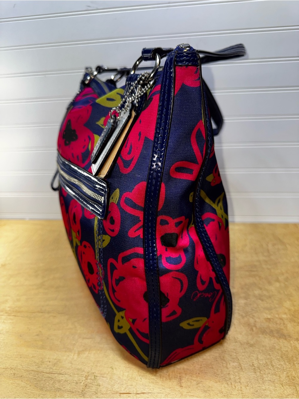 Coach Hallie Poppy Navy Floral Shoulder Bag with Hot Pink & Lime Accents - Picture 2 of 14
